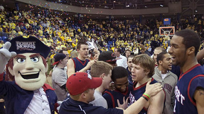 Robert Morris players and fans celebrate.
