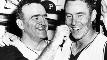 Danny Murtaugh congratulates Bill Mazeroski after 1960 World Series victory.