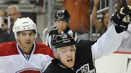 Mark Letestu celebrates after scoring in the third against the Canadiens.