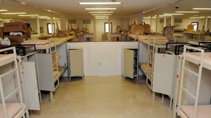 A typical cell in the new building at the prison has two bunk beds, a toilet, a small table and cable hook-up for inmates who buy a television.