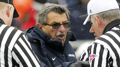 Penn State coach Joe Paterno has a word with the officials during the fourth quarter of Saturday's game at Beaver Stadium in University Park, Pa.