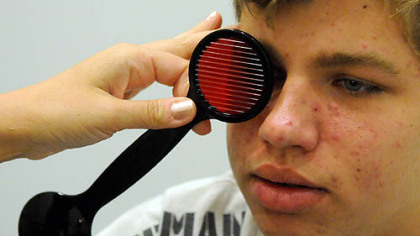 Gaige Pavlocak undergoes a vestibular evaluation at the UMPC Sports Medicine center