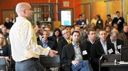 Phil Anderson, CEO and co-founder of Levlr, presents his sales pitch and demonstration of his company's product Friday during Demo Day at AlphaLab.