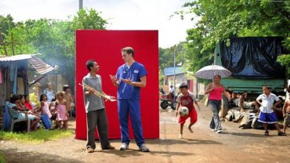In one new Robert Morris TV commercial, nursing student Lee Folk, who has since graduated, is pictured in a Nicarauguan barrio next to a teen from that country. Mr. Folk was in Nicaraugua for a clinical study program in nursing.