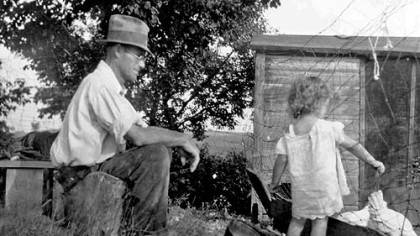 William McGill and his daugher Beth around 1937, when they raised chickens on the farm. The McGill Farm is now part of the Pittsburgh Botanic Garden.