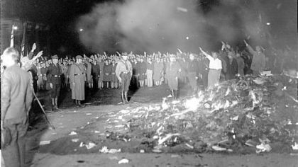 A photo of a book burning in Opera Square, Berlin, May 10, 1933, is part of "Fighting the Fires of Hate: America and the Nazi Book Burnings" exhibit at American Jewish Museum.