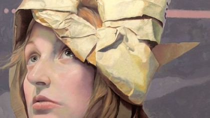 Jacksonville, Fla., artist Jason John's oil portrait, "Pink Lining," shows his trademark use of realism combined with the fantasy of homemade helmets.