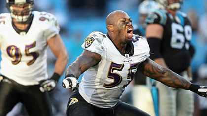 Ravens linebacker Terrell Suggs on Steelers linebacker James Harrison: "I think in the referee world they kind of red-flagged him."
