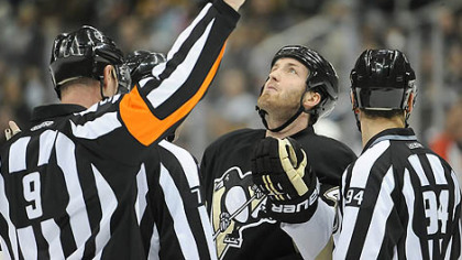 Penguins defenseman Brooks Orpik protests a roughing penalty in the second period of Tuesday's game against the Thrashers at Consol Energy Center.