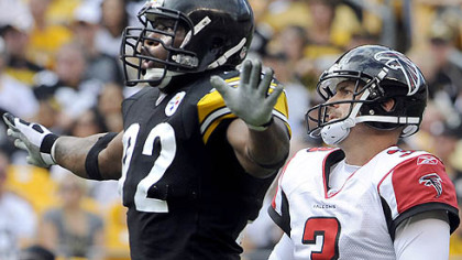 Linebacker James Harrison and the Steelers defense limited kicker Matt Bryan and the Falcons to three field goals Sunday.