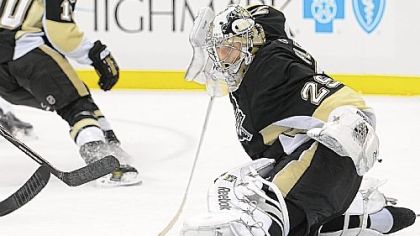Marc-Andre Fleury makes a save against the Flyers in the second period at Consol Energy Center.