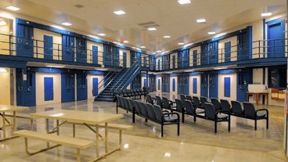 The day room in the new cell block at the State Correction Institution at Laurel Highlands in Somerset County. Inmates are free to leave their cell during the day to watch tv, have access to ice, coffee, soup and board games in the room.