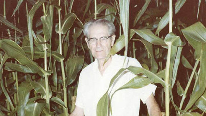 Bill McGill with his annual stand of sweet corn. He always planted two extra rows for the deer and raccoons.