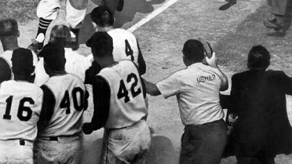 Bill Mazeroski coming into home plate during the 1960 World Series.