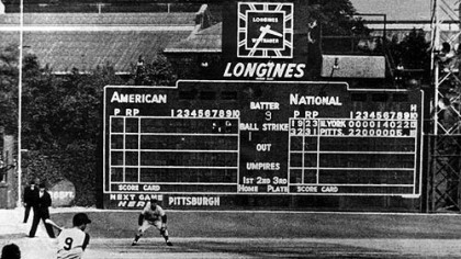 Bill Mazeroski swings for the fence to win the World Series.