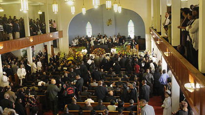 Mourners filled the main floor and balconies at the Wesley Center AME Zion Church.