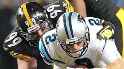 Brett Keisel sacks Panthers quarterback Jimmy Clausen in the third quarter Thursday at Heinz Field. Clausen was 9 of 19 for 67 yards and no touchdowns.