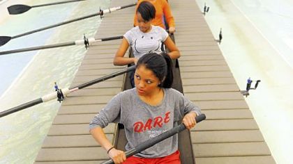 City Charter High School student Carmen Snyder, 16, rows from the first position in a warm-up exercise during a session of the Three Rivers Rowing Association's First Row in Millvale.