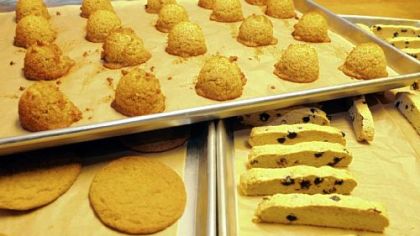 Gluten-free and casein-free items from Truly Wize bakery include vanilla macaroons, top; snickerdoodles, left; and lemon-blueberry biscotti, right.