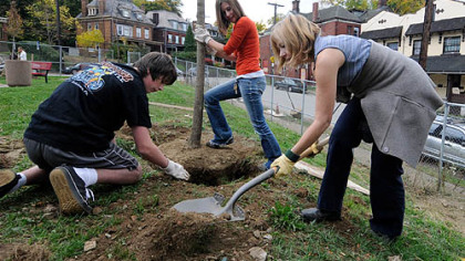 From left, Henry Lee, Carol Smialek and Susan Lee, volunteers from the Nine Mile Run Watershed Association, helped plant trees in and around Holmes Park in Wilkinsburg on Sunday.