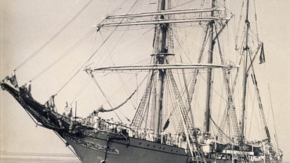 The Mercator in 1932, an example of barquentine ships that plied the Great Lakes in the 19th century. One such rig, the Indiana, lies at the bottom of Lake Erie.