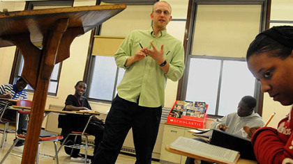 English instructor Jon Rooke teaches a sophomore class at Oliver High School.