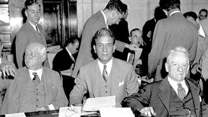Sen. Duncan U. Fletcher of Florida, left, Ferdinand Pecora, counsel of the Senate Banking and Currency Committee, center, and Sen. Carter Glass of Virginia are seen during the re-opening of the Senate investigation of the J.P. Morgan Co. in 1933.