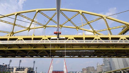 The view from a Gateway Clipper Fleet boat beneath the Fort Duquesne Bridge over the Allegheny River.