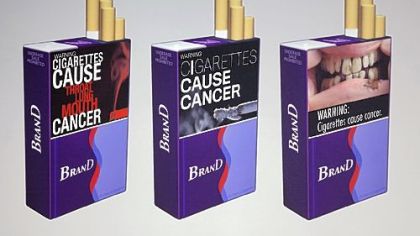Three examples of proposed warning graphics that will appear on cigarette packaging as part of the government's new tobacco prevention efforts.
