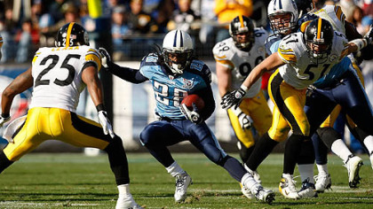 In two career games, Titans running back Chris Johnson has failed to reach 100 yards rushing against the Steelers.