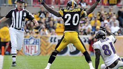 Bryant McFadden can't believe he is called for pass interference against Baltimore's Anquan Boldin in the second quarter Sunday at Heinz Field.