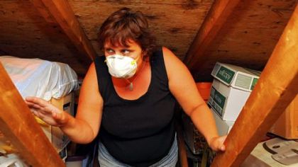 Stacy Beisler climbs the ladder into the attic of her Lincoln home wearing a mask to shield her from the soot on the  boxes.  She says black soot covers everything in the attic and will makes her sick if she goes there without a mask.