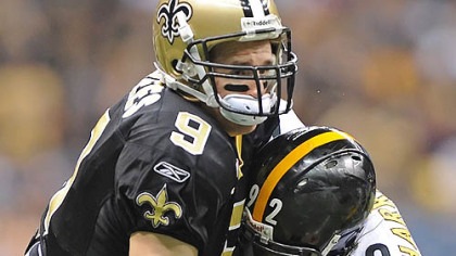 James Harrison sacks Saints quarterback Drew Brees in the first half Sunday in the Steelers game against New Orleans.