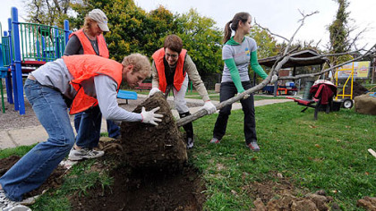 From left, Laird Cooper, Lisa Brown, Brenda Smith and Maryrose Walko of the Nine Mile Run Watershed Association, helped plant trees Sunday in Wilkinsburg.