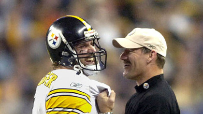 Ben Roethlisberger shares a moment with coach Bill Cowher in the closing seconds of Super Bowl XL.