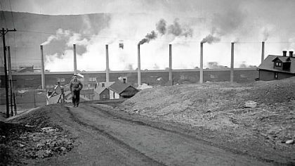 Stacks of the Donora Zinc Works of American Steel & Wire Co. spew smoke at full blast after the smog tragedy of October 1948 in this archived photo.