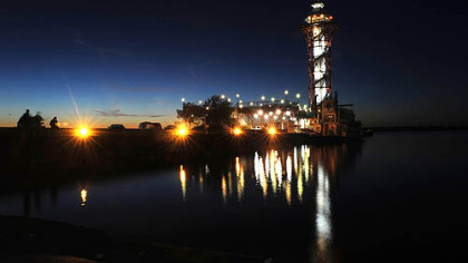 Bicentennial Tower at Dobbins Landing on Lake Erie at sunset.