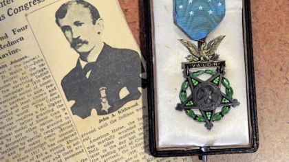 A Medal of Honor and a newspaper clip of John Kirkwood. Mr. Kirkwood, who grew up on Pittsburgh's North Side, won a Medal of Honor for valor on Sept. 9, 1876, during the battle of Slim Buttes, 70 miles north of the Black Hills.