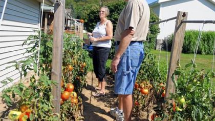 Debbie and Curtis Havens look over the garden at their home near the Little Blue fly-ash dump in West Virginia. The Havens didn't harvest any of their vegetables from the garden, fearing the ground and water contamination from Little Blue. The Havens have lived in their home for 38 years; Mr. Havens has lost his thyroid to cancer and Ms. Havens suffers from asthma and other respiratory problems.