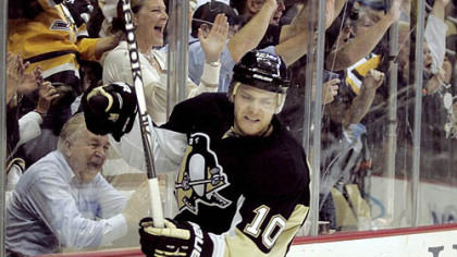Penguins forward Mark Letestu celebrates a third-period goal.