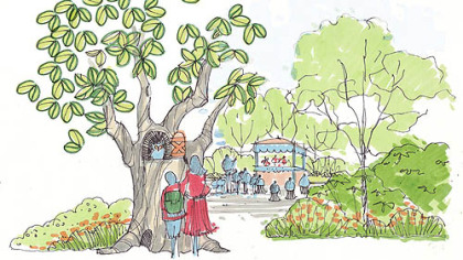 Puppets, Pantaloons and Pinafores, a concept drawing for the Mr. Rogers' Garden of Make Believe at the Pittsburgh Botanic Garden.