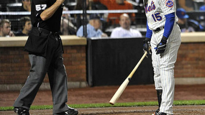 The Mets' Carlos Beltran reacts to a called third strike by home plate umpire Mike Everitt in the third inning.