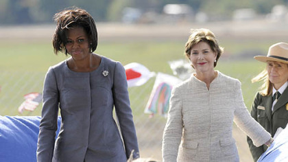 First Lady Michelle Obama and former First Lady Laura Bush take to the podium together at the Flight 93 National Memorial ceremony in Shanksville today.