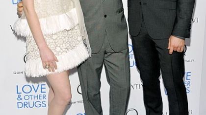 Anne Hathaway, director Ed Zwick, center, and Jake Gyllenhaal attend the "Love & Other Drugs" premiere last Tuesday in New York.