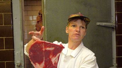 Susan Beal, a science adviser and veterinarian with the Pennsylvania Association for Sustainable Agriculture, makes a point at its grass-fed beef butchery master class on Aug. 7.
