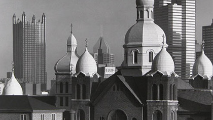 Mr. Hare's photo shot from the South Side shows the old and new Pittsburgh, with the domes of St. John the Baptist Church in the foreground and PPG Place and Oxford Centre in the background.