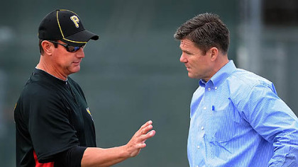 Former Pirates manager John Russell and team president Frank Coonelly.