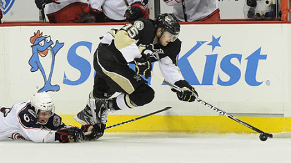 Penguins Dustin Jeffrey draws a tripping call on Columbus' Michael Ratchuk in the first period tonight.