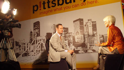Mayor Ravenstahl sits for an interview with English language television interviewer Nancy Merrill, of the state-owned International Channel Shanghai.