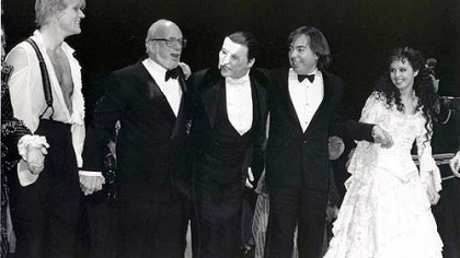 "The Phantom of the Opera," opening night curtain call on Jan. 26, 1988: Steve Barton (Raoul), director Harold Prince, Michael Crawford (the Phantom), composer Andrew Lloyd Webber and Sarah Brightman (Christine).